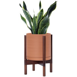 D'vine Dev Terracotta Planter with Walnut Color Stand - 8 Inch Modern Round Flower Pot with Wood Planter Holder, Terracotta, 55-B-Y-5