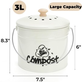 Tlence Small Kitchen Compost Bin, 3L Odorless Composter Container, Food Waste Bucket with Charcoal Filter Lid, Indoor Farmhouse Composting Pail Canister for Trash Scraps, Carrying Handle