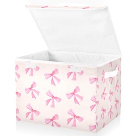 xigua Pink Bow Storage Bins with Lids and Carrying Handle,Foldable Storage Boxes Organizer Containers Baskets Cube with Cover for Home Bedroom Closet Office Nursery