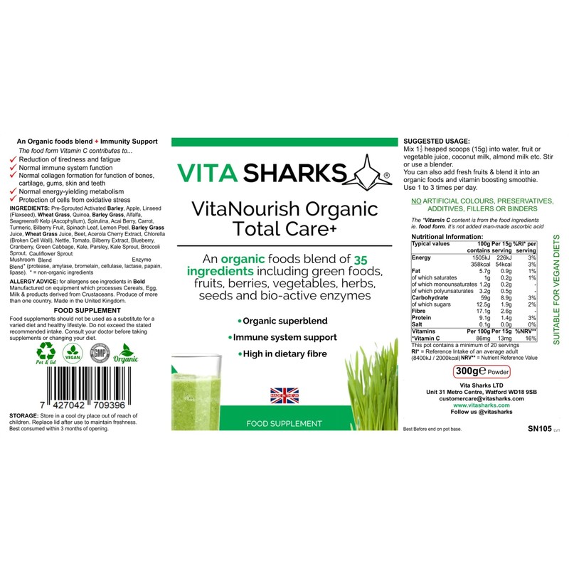 VitaNourish Organic Total Care+ Vitamin C. 300g Complete Vegan Immune