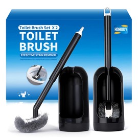 Toilet Brush and Holder Set, Curved Angled Toilet Bowl Cleaner Brush with Under Rim Cleaning, Wall-Mounted Toilet Scrubber & Bathroom Deep Cleaning Supplies Kit（Crevice Brush Included） Black(2-Pack)