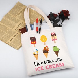WSNANG Mouse Snack Shoulder Bag Life Is Better With Ice Cream Canvas Tote Bag Ice Cream Lover Gift Snack Lover Gift (Life Is Better TB)