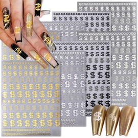 DANNEASY 8 Sheets Dollar Nail Stickers for Acrylic Nails Gold and Silver 3D Dollar Money Nail Art Stickers Decals Self Adhesive Nail Design Stickers Manicure Decoration