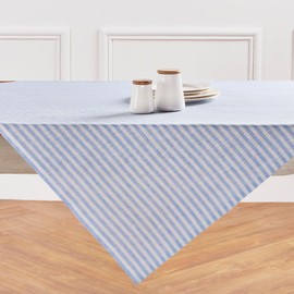 Solino Home Linen Easter Tablecloth - Sky Blue and White, 100% Pure Linen Stripe Table Throw 52 x 52 Inch - Handcrafted and Machine Washable - Amalfi Stripe