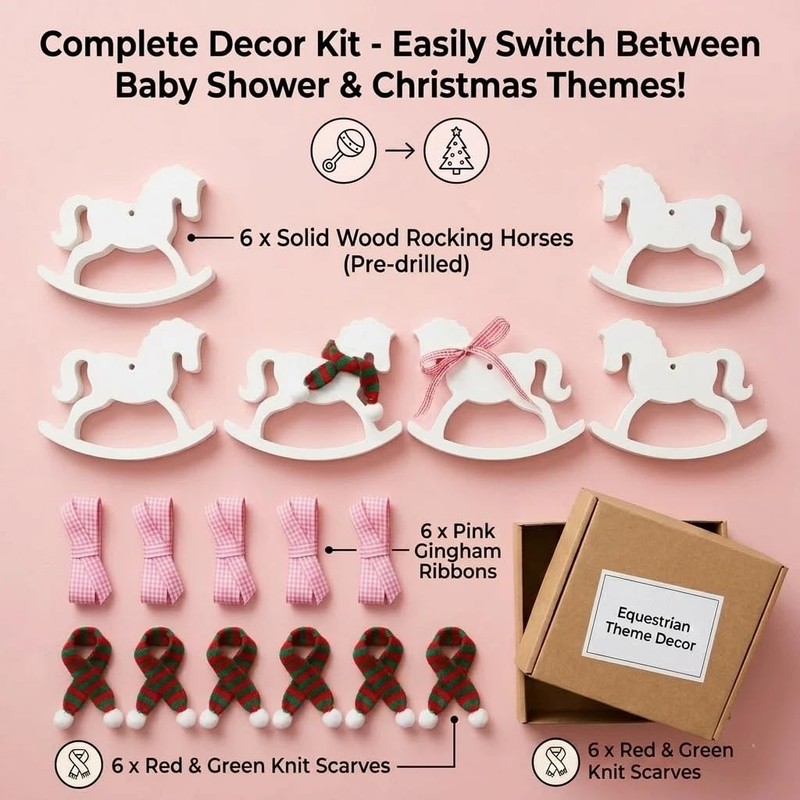 6Pc White Wood Rocking Horse Decor, Baby Shower Table Centerpiece