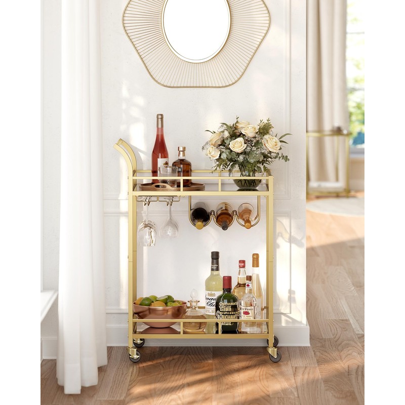 VASAGLE Bar Cart Gold, Home Bar Serving Cart, Wine Cart