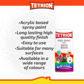 Tetrion Easy Spray Paint – Satin White 400ml - All-Purpose Fast Drying Acrylic Spray for Wood, Metal, Plastic, Ceramic & More, Smooth Base Coat - Indoor & Outdoor Use, 13.5 Oz