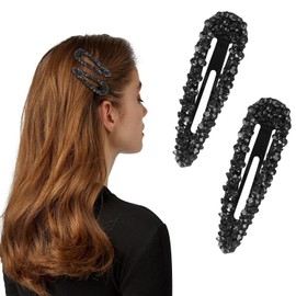 2Pcs Black Rhinestone Snap Hair Clips, Crystal Snap Clips, Sparkly Hair Accessories, Rhinestone Hair Clips for Women, Stylish Clips for Women Girls, Long Hair Barrettes