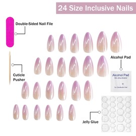 Pink Purple Gradient Press on Nails Long Acrylic Fake Nails Almond Shaped False Nails Glossy Glue on Nail Full Cover Stick on Nails Artificial Nails for Women Girls Nails Accessories 24 Pcs