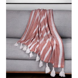 50" X 60" Rust Woven Cotton Striped Throw Blanket with Tassels