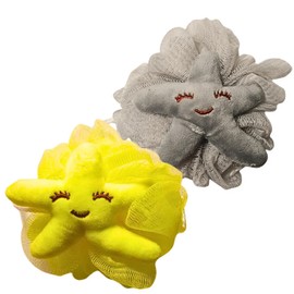 Bath Sponge, Pack of 2 Shower Sponges, Children's Shower Sponge, Starfish, Bath Flower Star, Sponge with Strap, Sponge Grey and Yellow