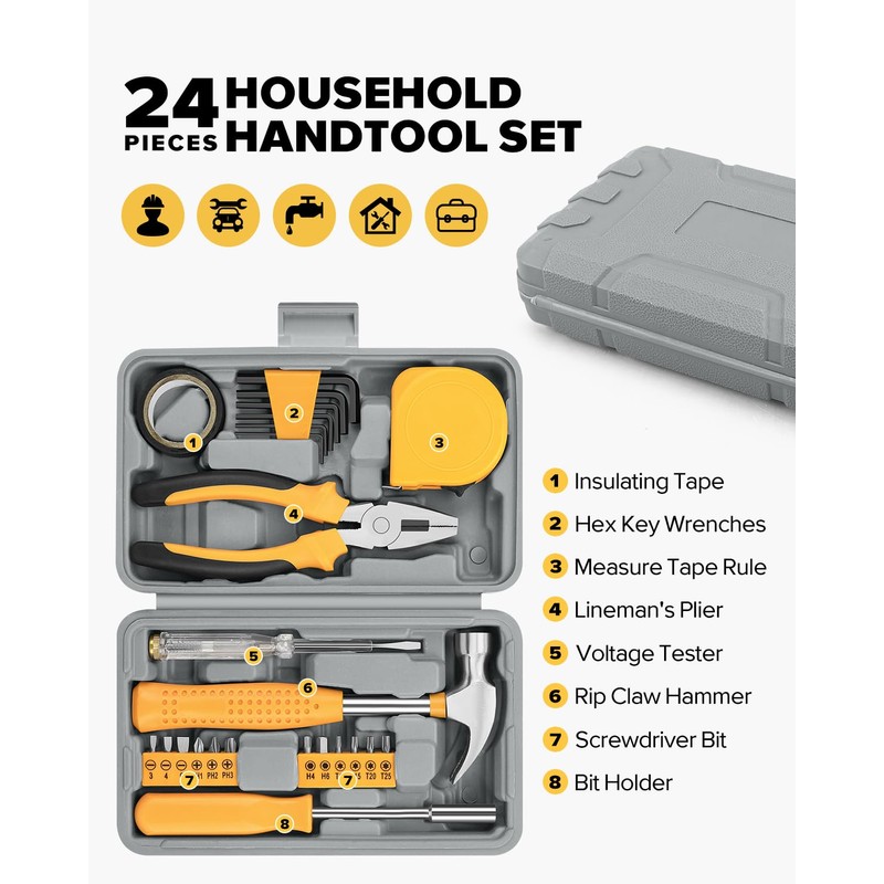 24pcs Home DIY Tool Kit for Household, Office & Garage