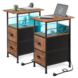 WLIVE Nightstand Set of 2 with Charging Station, End Table Sets with LED Lights, 2 Fabric Drawers and Open Shelf, Bed Side Tables Living Room, Small Space, Night Stand for Bedroom, Rustic Brown