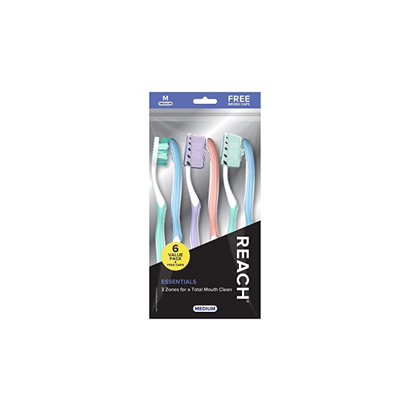 Reach Essentials Toothbrush with Toothbrush Caps, Multi-Zoned Angled Soft Bristles