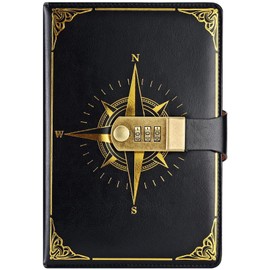 Reisetagebuch Notizbuch mit Codeschloss, PU Leder Retro Nautisches Muster Geheimes Passwort Notizblock Tagebuch, Stifthalter, A5 Nachfüllbares Schreibbuch mit für Büro Schule, 22 x 15 cm