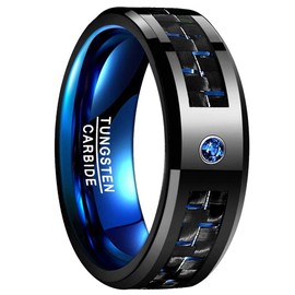 Vakki 8mm Mens Wedding Band Blue Tungsten Carbide Rings with CZ Inlay Carbon Fiber Ring Size 8
