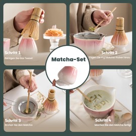 Emooncn Matcha Set Rosa Matcha Tee Set,Matcha Schale mit Ausgießer Matcha Starter Set mit Matcha Zubehör,Sieb,Matcha Besen Bambus,Matcha Rührer,Chasen Geschenk für Matcha Liebhaber (5-Teiliges)