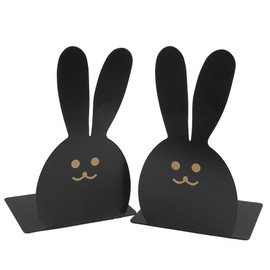 Lovely Bunny Bookends Rabbit Long Ears Metal Kid Bookends Student Book Ends Metal Office Desk School Library Decoration Bookshelf Book Organizer for Easter Christmas Birthday Kids Gift (Black)
