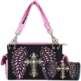 Western Style Rhinestone Cross Studded Laser Cut Wings Tooled Leather Purse Women Handbags Country Shoulder Bag Wallet Set (2Black/Pink Set)
