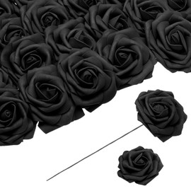 uxcell 25pcs Foam Roses Artificial Flowers, Fake Roses with Stems Foam Real Touch Faux Roses for Wedding Party Office Showers Home Decoration, Black