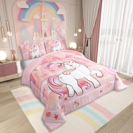 Erosebridal Unicorn Bedding Set for Girls Full Kawaii Rainbow Unicorn Comforter Set Bedroom Decor for Girls Kids Cartoon Horse Duvet Set Ombre Stars Quilt Comforter Pink 3 Pcs