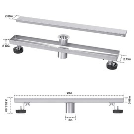 Dilvii 28 Inch Linear Shower Drain, Brushed Stainless Steel Rectangle Bathroom Tile Insert Floor Drain with Reversible Cover, Hair Catcher, Adjustable Feet