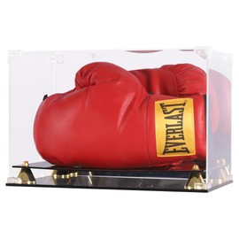 DisplayGifts Display Case Holder Showcase with Stands for Boxing Glove Baseball Mitt UV Protection Mirror Background Horizontal Stand (Gold Plated Riser Stand)