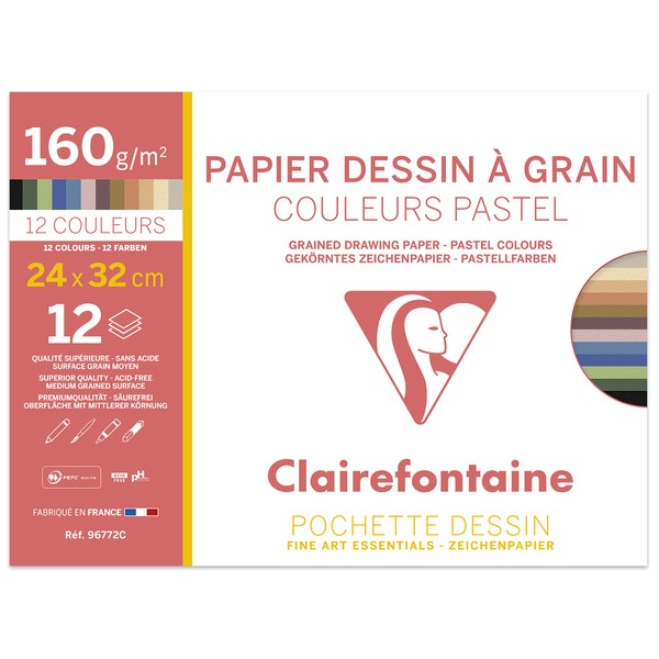 Clairefontaine - 96772 - 1 Pochette de 12 feuilles Couleurs Pastels Assorties - papier dessin - 24x32cm 160 g