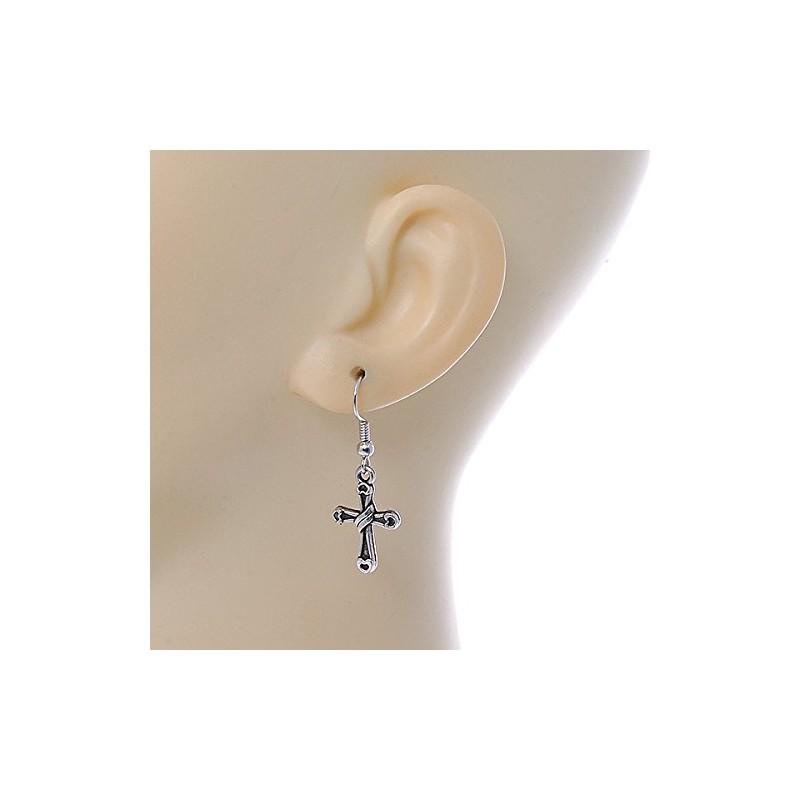Burnt Silver Cross Drop Earrings - 35mm L