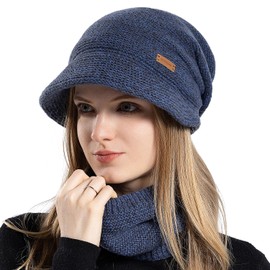 WANYIG Women's Winter Hat Knitted Hat with Scarf Autumn Women's Hats Winter Scarf and Hat Set with Visor / Soft Lining Lined, navy