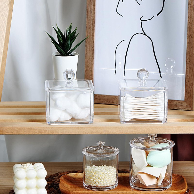 SheeChung Modern Square Acrylic Qtip Holder - Clear Apothecary Jar