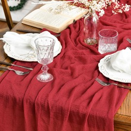 Artoid Mode Boho Red Gauze Wedding Cheesecloth 90x400 cm Table Runner, Seasonal Fabric Kitchen Dining Holiday Table Decor for Home Party Indoor