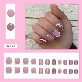 Purple Glitter Press on Nails Short Square Fake Nails with Design Full Cover Pink False Nails Glossy Bling Glitter Glue on Nails Shiny Stick on Nails French Tip Acrylic Nails for Women Manicure 24Pcs