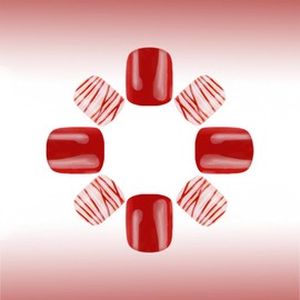 24Pcs Short Square Valentines Press on Nails Red Love Heart Acrylic Fake Nails Glossy Red Curve Line False Nails White Heart Stick on Nails Romantic Gift Gel Glue on Nails for Coquette Women Girls