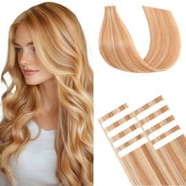 TESS Tape In Hair Extensions Human Hair Real Hair Invisible Thin Type 10 Pcs 15G Lightweight For Highlight Straight Long - #12P613 Golden Brown & Bleach Blonde - 20 Inch
