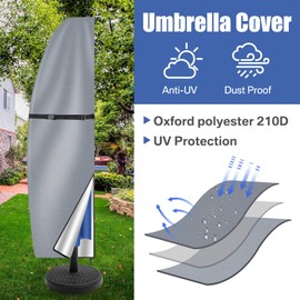 Teynewer Parasol Cover Waterproof, Cantilever Parasol Protective Cover with Telescopic Pole and Zipper Fit for 1 to 3 m Large Umbrella Patio Parasol Weatherproof UV-Anti Windproof, Grey
