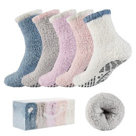 Bulinlulu Fuzzy Socks With Grips for Women 5-Pairs Non Slip Sleep Warm Fluffy Slipper Socks with Grippers for women(Blue+Grey+Purple+Pink+White)