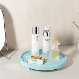 Round Decorative Tray Wood Bathroom Counter Organizer Farmhouse Kitchen Decor Wooden Riser for Soap Dish, Perfume, Candle, Sponge, 10" - Light Blue