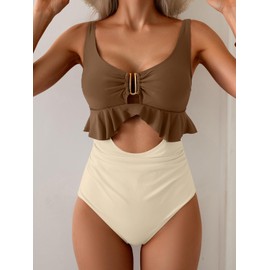 B2prity Womens One Piece Swimsuit Tummy Control Ruffled Bathing Suit V Neck Cutout Swim Suit Tie Back Swimwear Brown, White