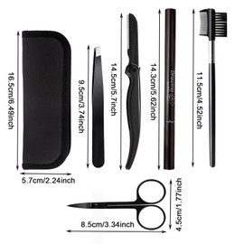 MUNSKT Eyebrow Grooming Kit with Leather Case, 5PCS Stainless Steel Tweezers Scissors Eyebrow Pencil Razor Brush Comb Thrush Template for Men Women