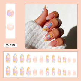 Flower Press on Nails Medium Almond Fake Nails with Designs Colorful Spring False Nails Cute Gel Acrylic Nails Almond Shaped Glue on Nails Glossy Artificial Nails Full Cover Stick on Nails for Women