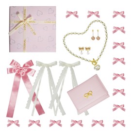 Gpurplebud Coquette Jewelry Stuff Set - Pink Bows Cute Wallet Set for Women, 23PCS Coquette Pearl Bow Earrings Necklace Mini Pink Bows for Hair,Coquette Pink Accessories Gifts,Valentines Gift