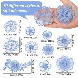 URROMA Blue Lace Flower Embroidery Applique, 10 Pcs Organza Flower Trim Sew On Patch for Wedding Bridal Dress DIY Sewing Craft Clothes Hair Ornament