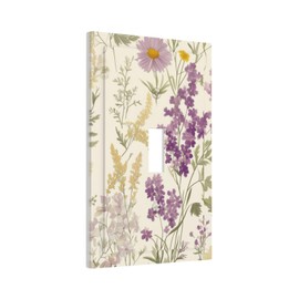 Watercolor Floral Leaves 1 Gang Light Switch Cover Single Toggle Wall Plate Small Purple Flowers Daisies Decorative Electrical Switchplate Covers for Country Bedroom Kitchen Living Room Decor