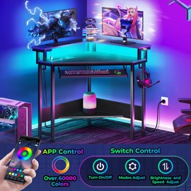 Rolanstar Corner Desk,44.5" W x 34.5" H Small Computer Desk with Power Outlets, Gaming Desk with LED Lights, Triangle Corner Table with Keyboard Tray & Monitor Stand for Small Space, Black