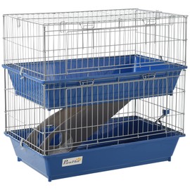 2-Tier Guinea Pig Cage, Ferret Cage, Chinchilla Cage, Small Animal Cage Indoor with Dish and Bottle, 2 Doors, Deep Bottoms, Ramp, 28", Blue
