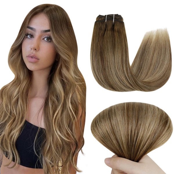 Easyouth Clip-In Real Hair Extensions, Real Hair Clips, Colour Medium Brown Mix Honey Blonde and Medium Brown, 5 Pieces, 20 Inches, 70 g, Remy Hair Extensions, Real Hair Clips, #4/27/4