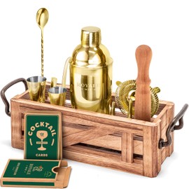 Mixology Bartender Kit with Stand - Bar Set with 25 Cocktail Kit Cards - Bar Kit Drink Mixer Set with Bar Tools - Cocktail Shaker Set Bartending Kit - Ideal Drink Shaker for Housewarming Gift. (Gold)