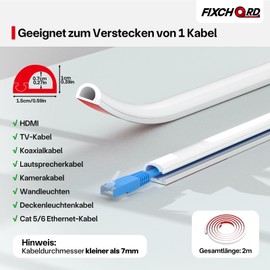 FIXCHORD Kabelkanal Selbstklebend, Kabelkanal Klein, Kabelbodenabdeckung, Halbrunde Kabelführungen, Flammhemmend, Lackierbar, Kabelkanäle für Haushalt, Büro - 15x10 mm x 2m Länge - Weiß