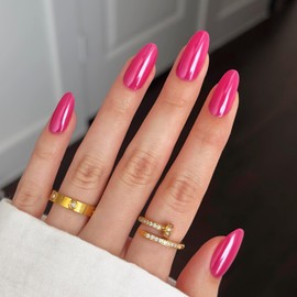 Qsnidy Chrome Press On Nails Almond, Glazed Hot Pink Round Glue on Nails Medium Press Ons, Acrylic Natural Fit Stick on Nails in 12 Sizes - 24Pcs Fake Nail Kit for Women Daily Party Wear